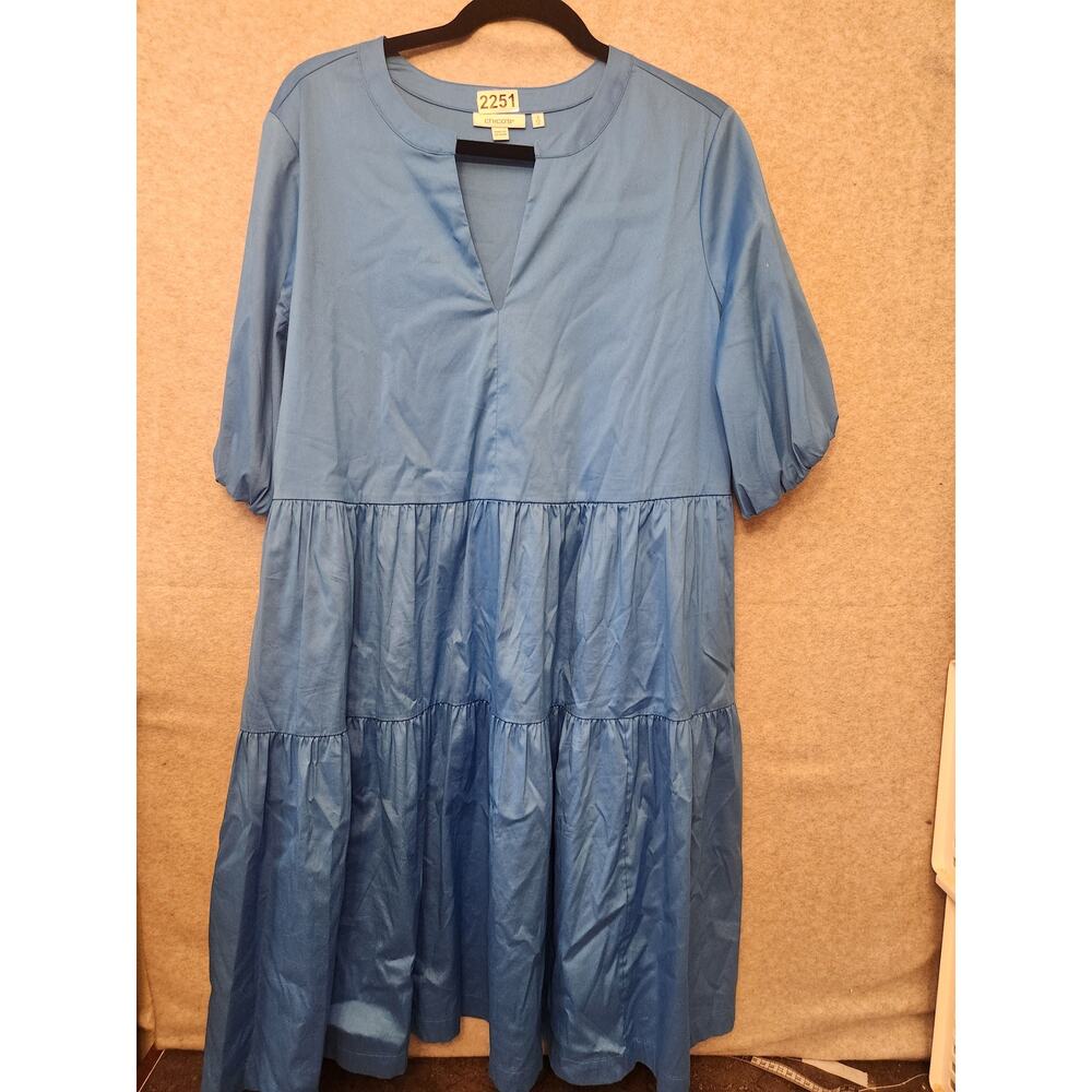 Chico's Midi Dress Size 12 Puff Sleeves Tiered Loose Fit V-Notch Minimalist Blue